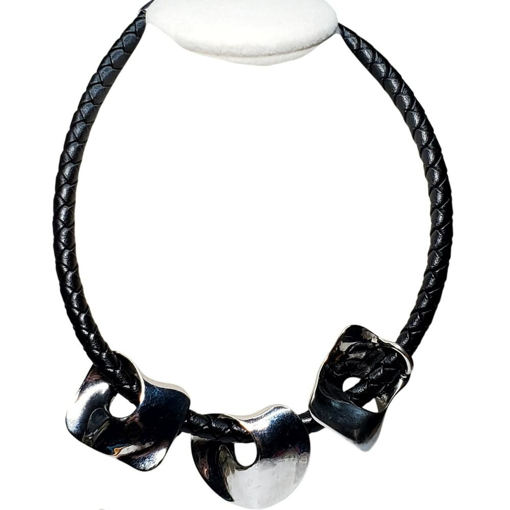 Chicos Necklace Silver Tone Abstract Pendants 14" Biker